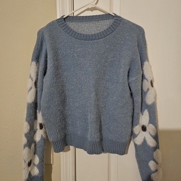 Temu Sweaters - Light Blue Crewneck Sweater with Floral Sleeves